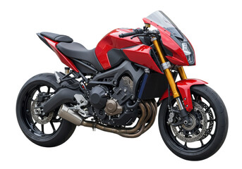 Red Yamaha MT-09 motorcycle isolated, modern sportbike with aggressive styling and powerful engine for urban riding and performance