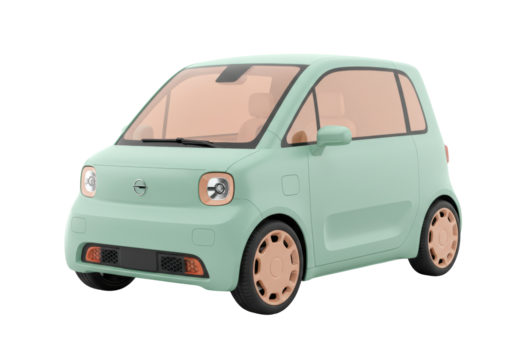 Mint green electric car isolated, compact vehicle with peach accents for urban mobility and sustainable transportation