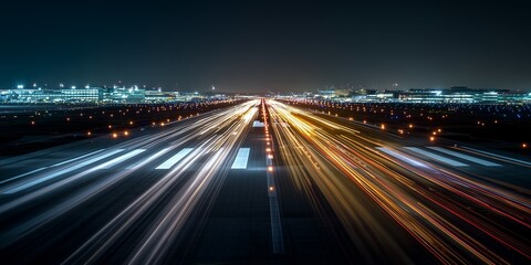 Busy airport runway at night with airplane light trails, long exposure, runway lights creating dynamic composition.