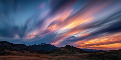 Clouds streaking across a mountain landscape during sunset, long exposure capturing dramatic sky movement, high-resolution nature scene.