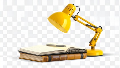 Study setup with yellow desk lamp, open notebook with pen, and stack of three closed books on transparent background.