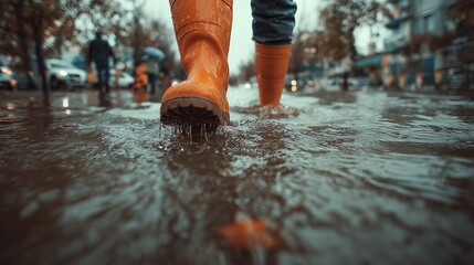 Person in waterproof boots walking through knee-deep flood water in city, realistic perspective, emergency situation, natural light.