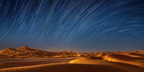 Star trails above desert sand dunes, clear sky, golden moonlight illuminating dunes, serene and dramatic astrophotography.