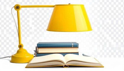 Study setup with yellow desk lamp, open notebook with pen, and stack of three closed books on transparent background.