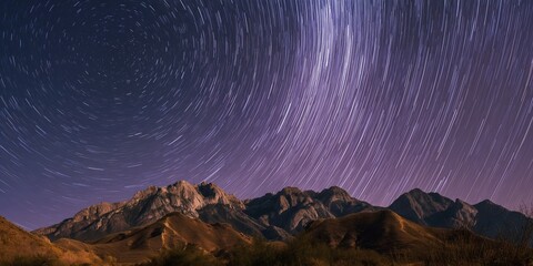 Star trails spinning over a mountain range, clear night sky, long exposure, dramatic natural landscape, high-resolution astrophotography.