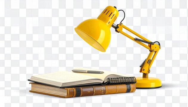 Study setup with yellow desk lamp, open notebook with pen, and stack of three closed books on transparent background.
