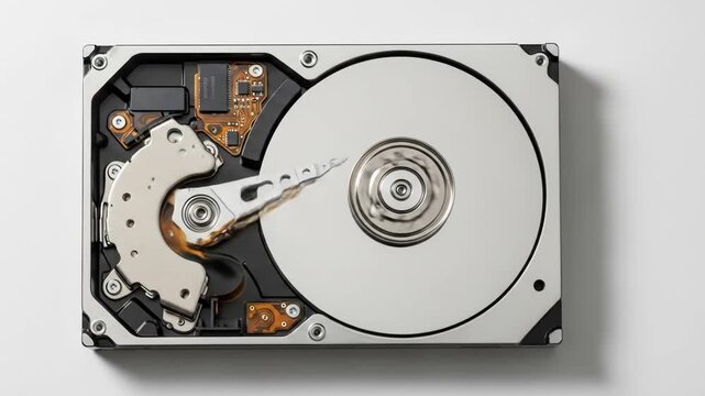 A top-down view of an open hard disk drive, revealing its shiny platter, read/write head, and internal circuitry