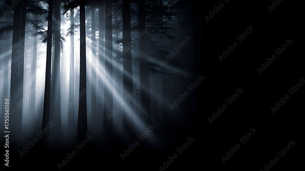 Wall mural mysterious forest scene with beams of light filtering through tall trees at dusk, creating an ethere