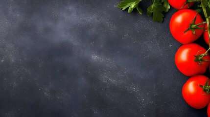 Fresh red tomatoes arranged on a dark surface with parsley, ideal for culinary presentations and recipes