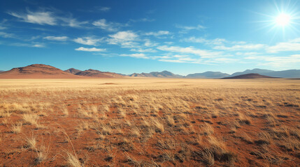 Arid grassland with sunlit mountains and wide open horizon