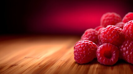 Fresh, juicy raspberries piled on a wooden surface with a blurred, colorful background for culinary use
