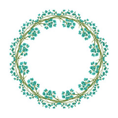 A delicate circle of tiny blue flowers woven together with thin green stems forming a beautiful floral border.