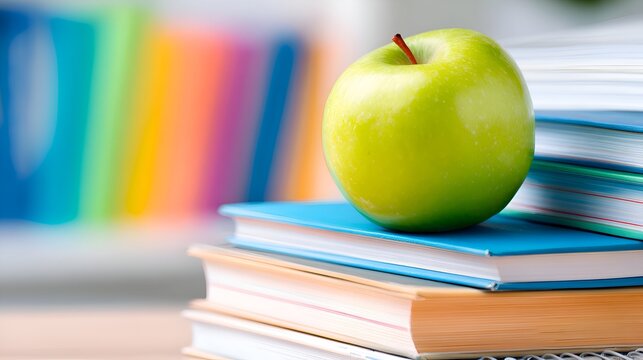 Fresh green apple resting on a stack of colorful books in a bright study environment