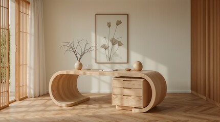 Elegant organic wooden desk with rounded drawers in zen-inspired minimalist workspace