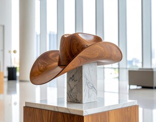 Wooden cowboy hat sculpture on marble plinth in modern space
