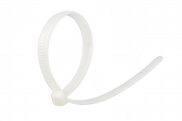 White plastic cable tie forming a loop with self-locking mechanism, versatile fastener for bundling and securing items
