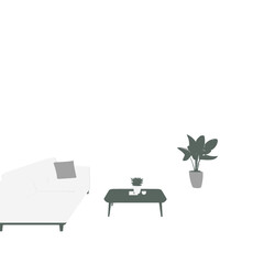 Fototapeta premium Minimalist Interior with White Sofa Dark Table and Green Plant in a Bright Room Illustration