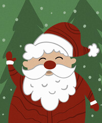 Smiling Santa in hat and mittens waves amid falling snow on a green background; playful holiday character for cards and stickers