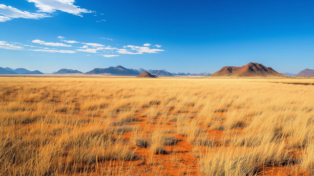 Grassy savanna landscape with distant mountains under blue sky