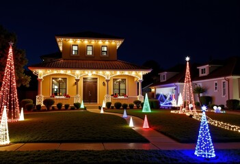 Fototapeta premium A beautifully decorated suburban house glowing with diverse, dazzling Christmas lights and festive decorations, creating a vibrant and cheerful holiday atmosphere at night