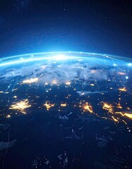 Earth at night, seen from space, with glowing city lights and network lines