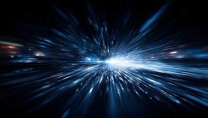 Abstract burst of brilliant blue light streaks emanating from a central bright point against a dark background with bokeh city lights in the distance creating a sense of speed and energy