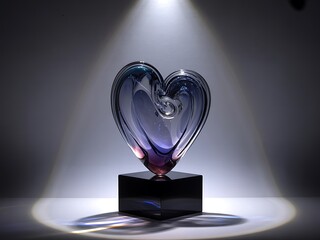 Illuminated glass heart sculpture on a pedestal under dramatic spotlights symbolizing love and emotion