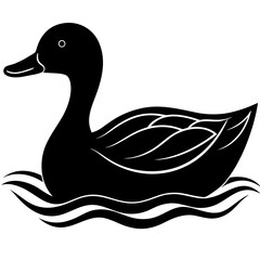 Stylized black silhouette of a duck swimming on wavy water