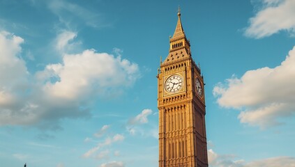 Stunning view of Big Ben under a clear blue sky with fluffy clouds, perfect for travel blogs, postcards, or historical documentaries in London