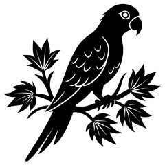 Black silhouette of a parrot perched on a branch with leaves