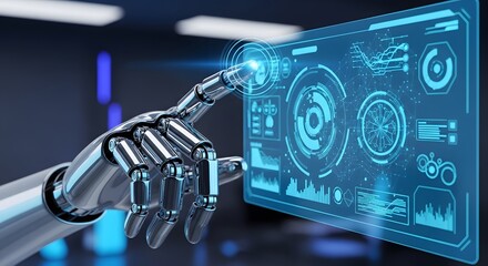 Advanced AI robot hand interacting with a futuristic holographic interface displaying data and analytics