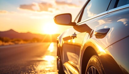 A sleek car parked on a desert road during sunset, highlighting the vibrant sky and distant mountains