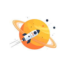 Digital Artwork of Rocket Ship Flying Past Ringed Planet with Yellow Orange Atmosphere and Pixelated Effect Against White Background
