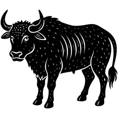 Stylized black silhouette of a standing bull with white spots