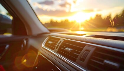 Obraz premium Interior view of a car dashboard with sunlight streaming through the windshield at sunset