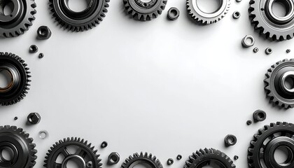 A collection of black mechanical gears arranged in a circular pattern on a clean white background