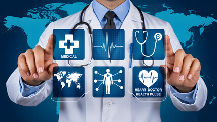 Doctor accessing digital health information on a screen, offering modern solutions for patient care and global health challenges with innovative technology