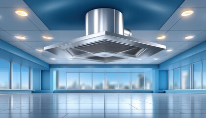 Obraz premium Modern commercial kitchen hood vent suspended bright empty blue room with panoramic windows and reflective tile floor, spacious professional