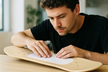 Man applying sticker on blank wooden skateboard deck, focused on detail, indoors with soft light and neutral background. Ai generative. Ai generative