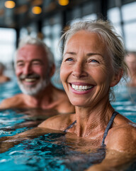 Fototapeta premium Portrait of smiling senior couple standing in swimming pool at spa centre