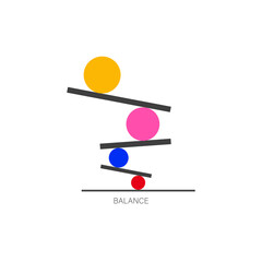 abstract balance and stability concept: colorful geometric balls stacked on planks illustration