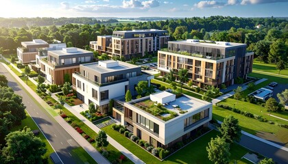 Fototapeta premium Modern residential neighborhood showcasing contemporary architecture with lush green landscaping and clear skies
