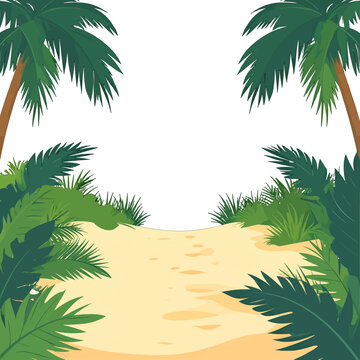 Pixelated Tropical Path Leading to White Space with Palm Trees and Green Foliage in Sandy Color Scheme under Bright Lighting