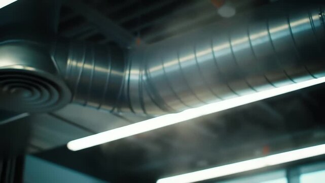 Industrial ceiling air duct and lighting in modern workspace  