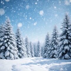 Fototapeta premium Beautiful winter landscape with snow-covered pine trees, gentle snowfall, bright blue sky, soft lighting, shining snow texture, peaceful and serene atmosphere, realistic nature photography, frosty for