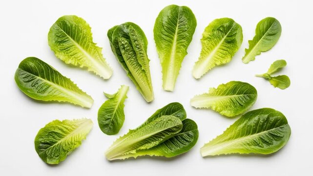 Multiple fresh green romaine lettuce leaves are neatly spread on a white background, with hands selecting them