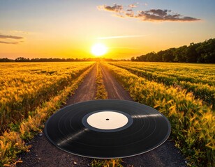 Vinyl record on path through golden field at sunset