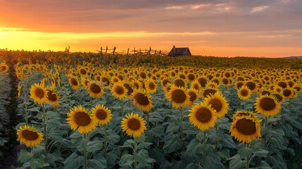 Vast field of vibrant sunflowers bathed in the warm golden glow of a breathtaking sunset sky