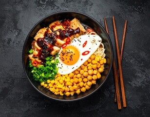 Asian bowl w/ egg, chicken, chickpeas, and rice noodles