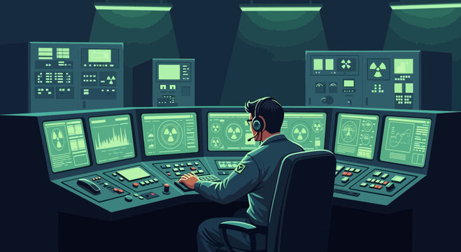 A technician monitors radiation levels inside a nuclear facility from a control room